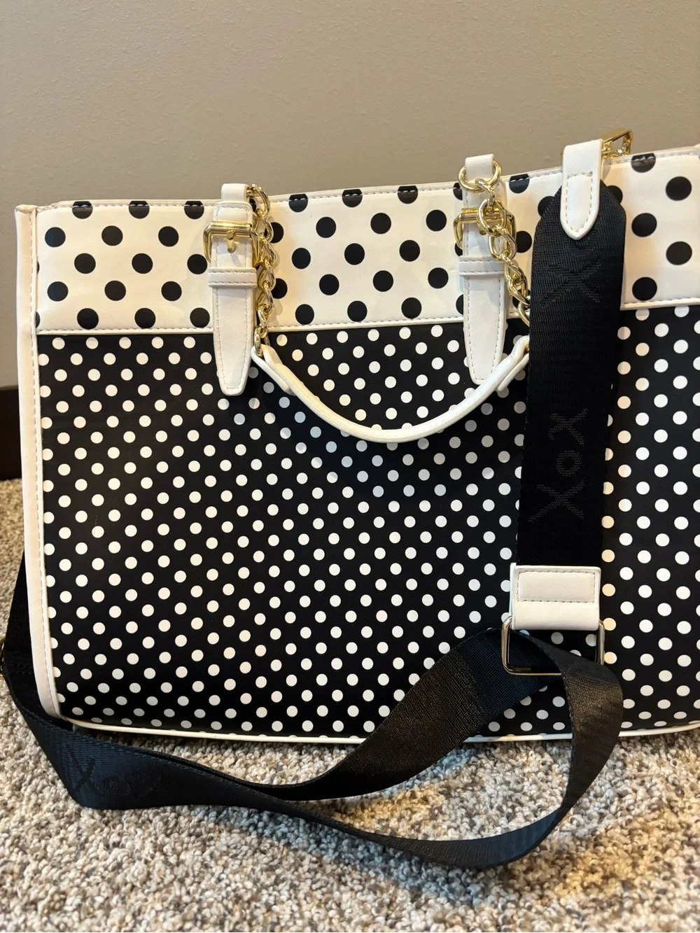 Betsey Johnson Black & White Polka Dot Tote with Pink Pom Charm - Picture 4 of 10